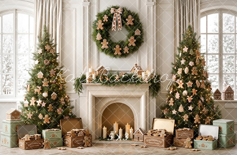 Kate Christmas Gingerbread Trees Wreath Fireplace Gifts Window Printed Backdrop Designed by Emetselch