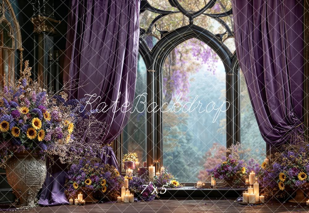 Kate Romantic Window Purple Curtains Floral Arch Candles Backdrop Designed by Emetselch