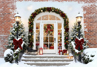 Kate Christmas Snowy Front Door Stairs Garland Trees Printed Backdrop Designed by Mini MakeBelieve
