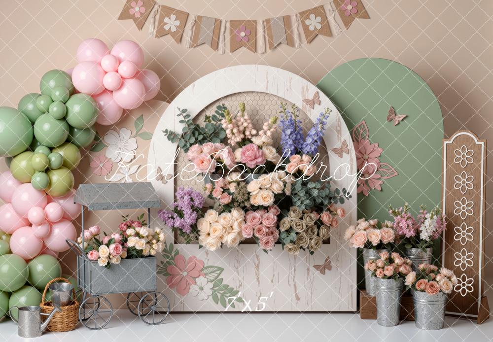 Kate Cake Smash Flower Arch Pastel Balloons Floral Bunting Printed Backdrop Designed by Mini MakeBelieve