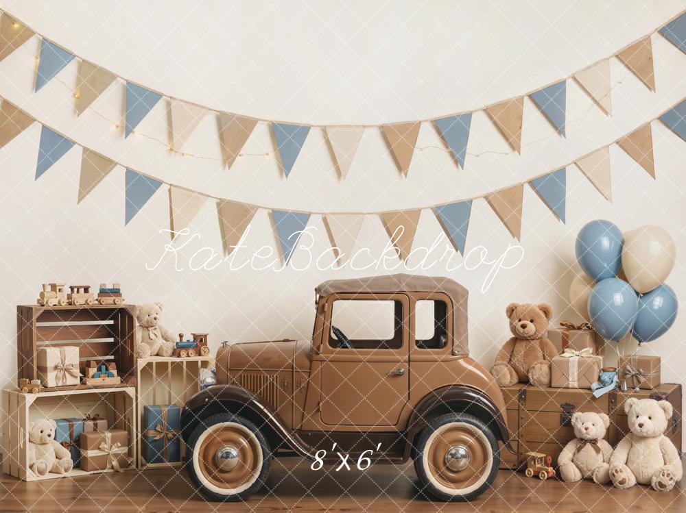 Kate Cake Smash Vintage Car Teddy Bear Blue Bunting Balloons Printed Backdrop Designed by Emetselch