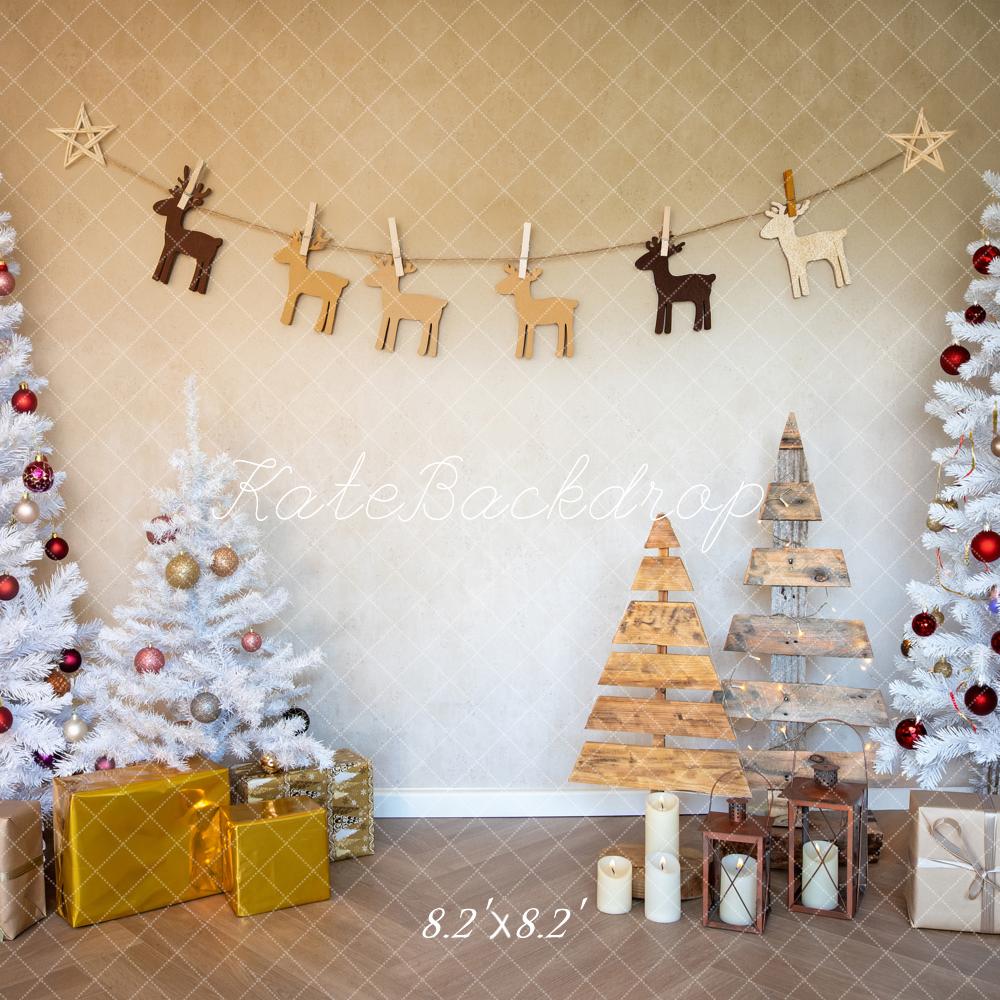 Kate Christmas White Trees Wood Reindeer Garland Gold Presents Printed Backdrop Designed by Fantasyphotoart