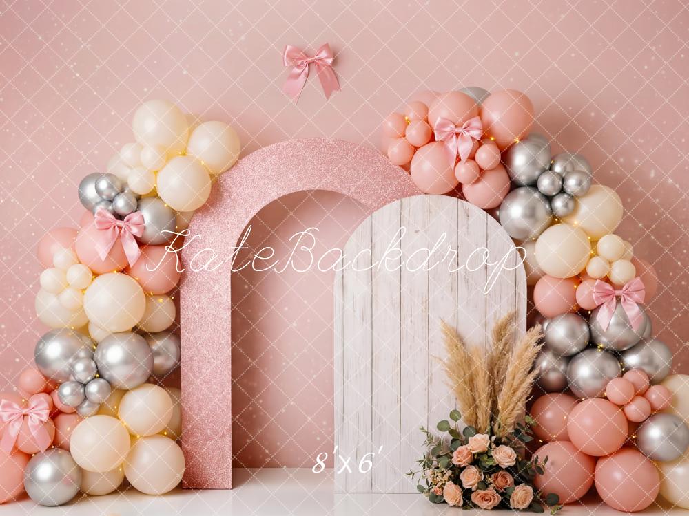 Kate Birthday Pink Balloon Arch Pampas Flowers Printed Backdrop Designed by Patty Roberts