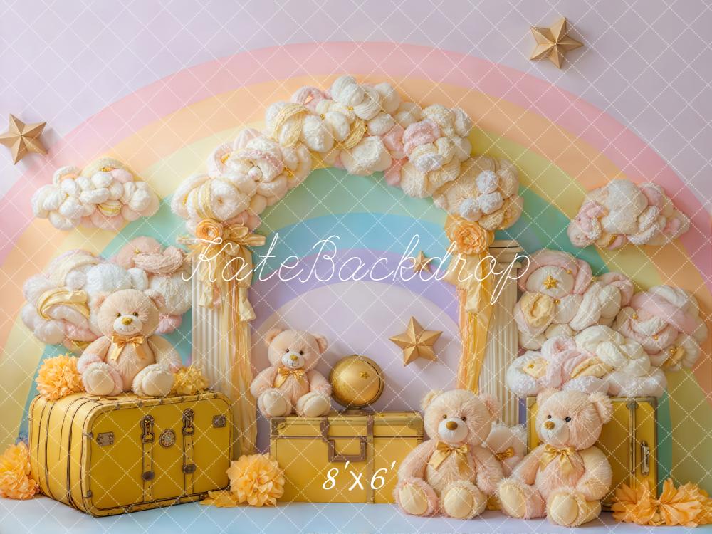 Kate Spring Rainbow Cloud Arch Teddy Bears Stars Yellow Suitcases Backdrop Designed by Emetselch