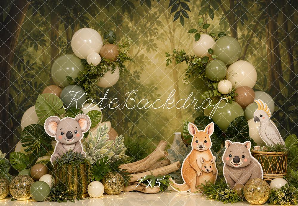 Kate Cake Smash Jungle Koala Kangaroo Wombat Balloon Garland Printed Backdrop Designed by Emetselch