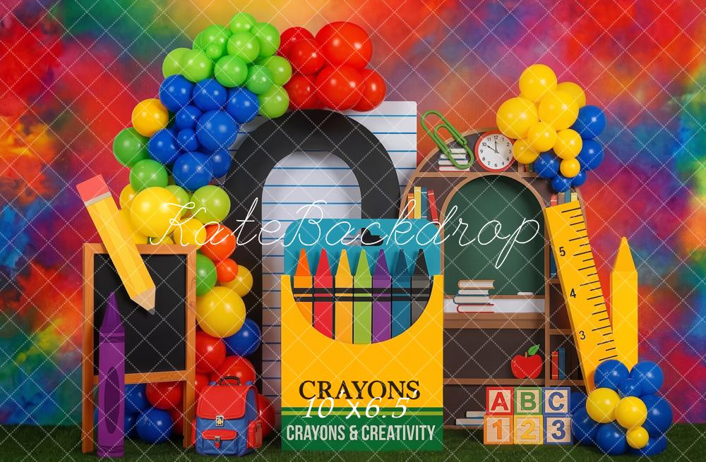 Kate Back to School Rainbow Crayons Balloons Chalkboard Ruler Printed Backdrop Designed by Emetselch