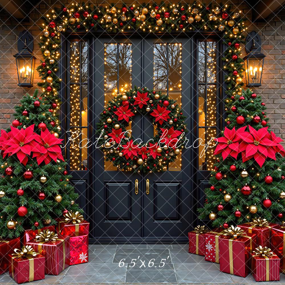 Kate Christmas Front Door Wreath Poinsettia Trees Red Gifts Backdrop Designed by Mini MakeBelieve