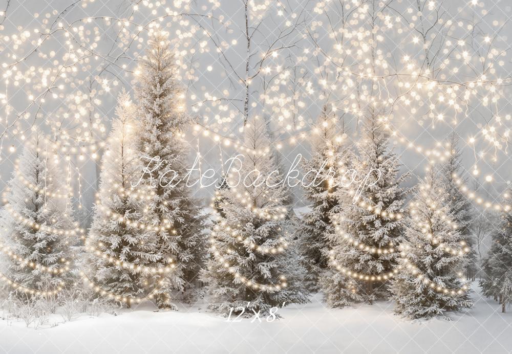 Kate Winter Snowy Pine Trees String Lights Backdrop Designed by Emetselch
