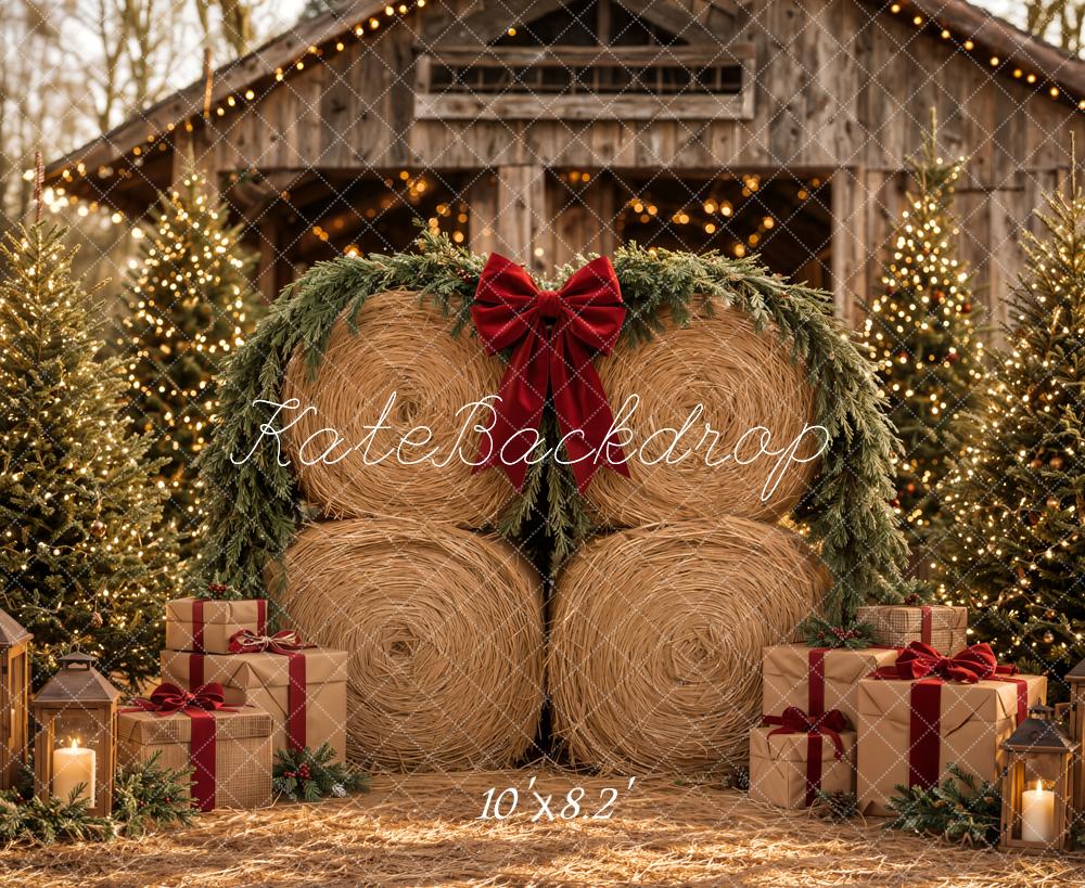 Kate Christmas Hay Bales Rustic Barn Pine Trees Gifts Printed Backdrop Designed by Emetselch