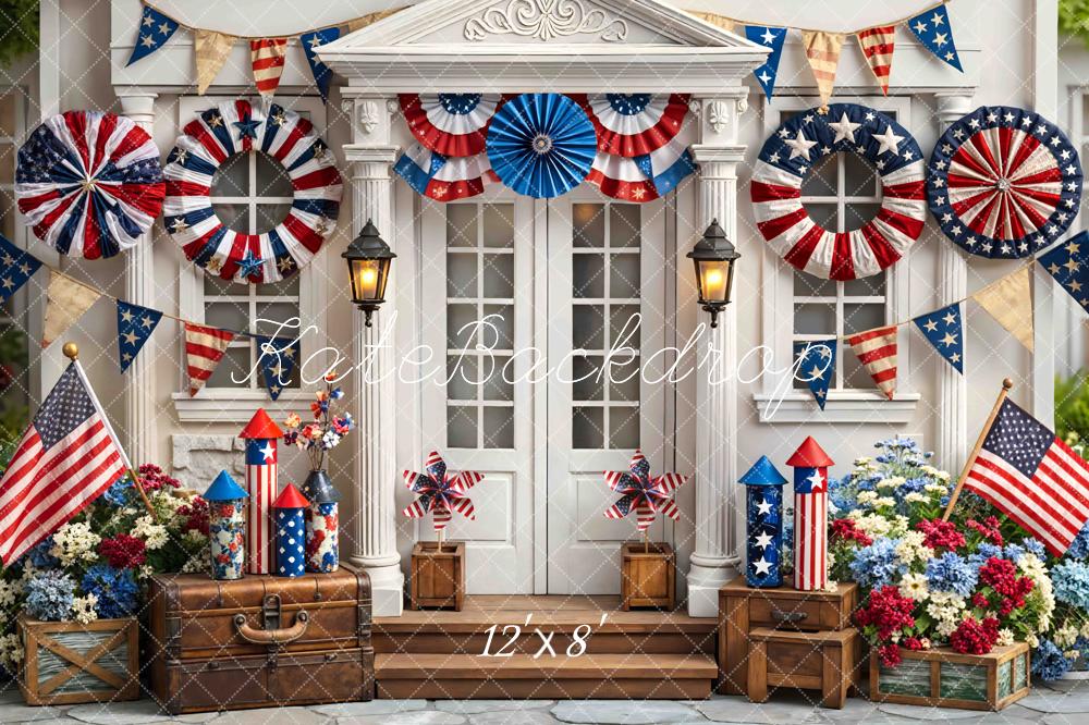Kate Independence Day Porch Bunting Fireworks American Flags Flowers Printed Backdrop Designed by Mini MakeBelieve