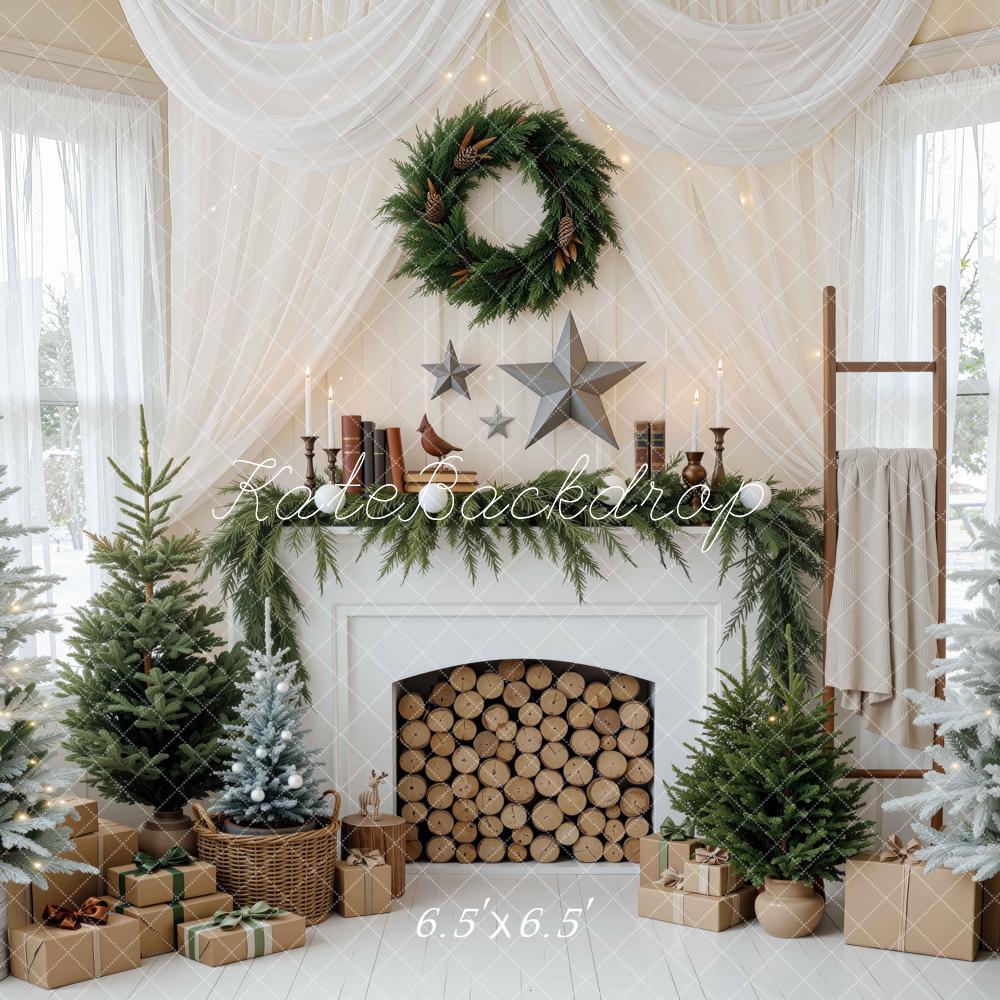 Kate Christmas Fireplace White Pine Trees Drapes Wreath Gifts Printed Backdrop Designed by Mini MakeBelieve