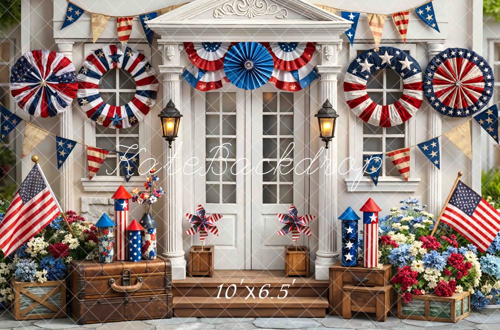 Kate Independence Day Porch Bunting Fireworks American Flags Flowers Printed Backdrop Designed by Mini MakeBelieve