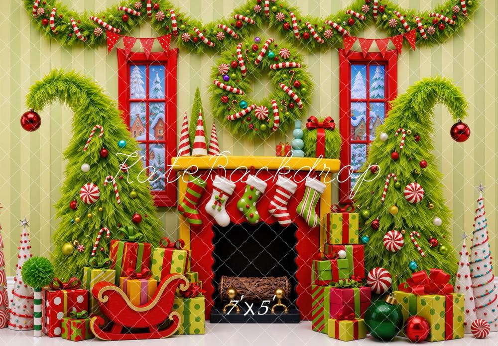 Kate Christmas Whimsical Fireplace Trees Presents Green Wall Printed Backdrop Designed by Mini MakeBelieve