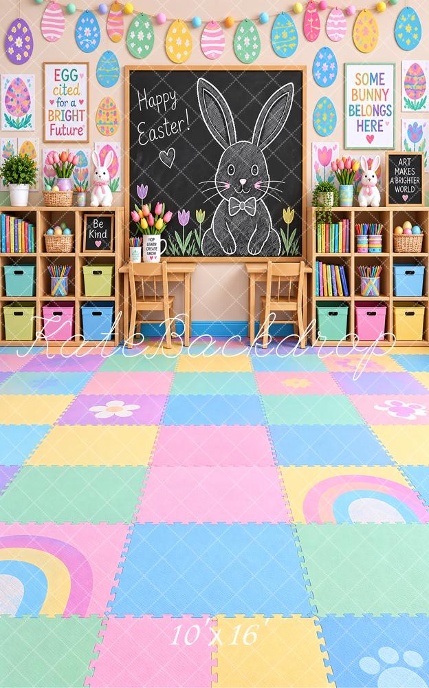 Kate Sweep Easter Classroom Bunny Chalkboard Eggs Pastel School Printed Backdrop Designed by Vertigo Productions