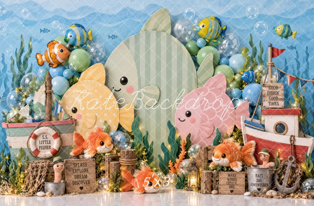 Kate Cake Smash Blue Underwater Fish Fishing Boat Printed Backdrop Designed by Laura Bybee