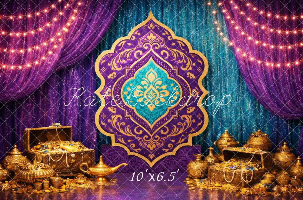 Kate Carnival Gold Treasure Purple Teal Chest Fairy Fantasy Printed Backdrop Designed by Megan Leigh Photography