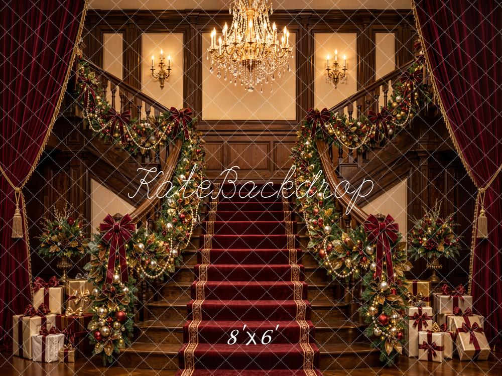 Kate Christmas Grand Staircase Chandelier Garland Red Curtains Printed Backdrop Designed by Emetselch