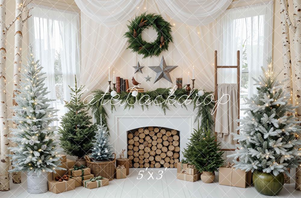 Kate Christmas Fireplace White Pine Trees Drapes Wreath Gifts Printed Backdrop Designed by Mini MakeBelieve
