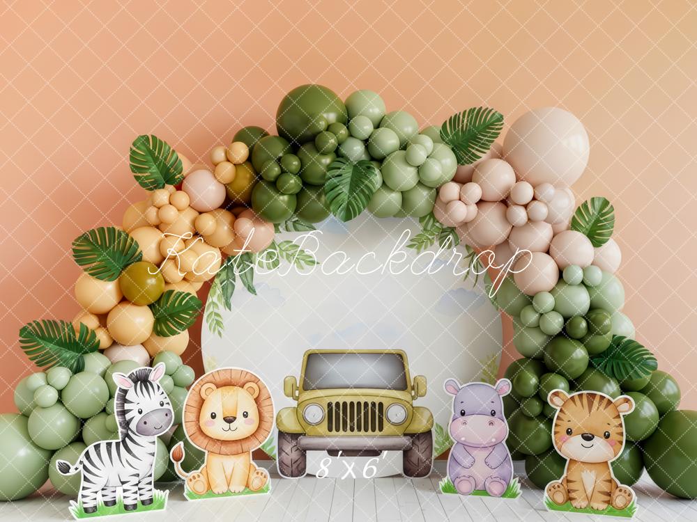 Kate Cake Smash Jungle Balloon Arch Jeep Safari Animals Printed Backdrop Designed by Patty Roberts