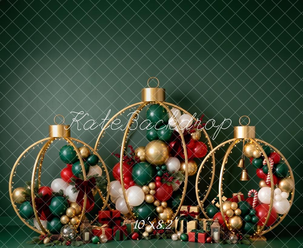 Kate Christmas Green Ornament Balloon Gifts Printed Backdrop Designed by Patty Roberts
