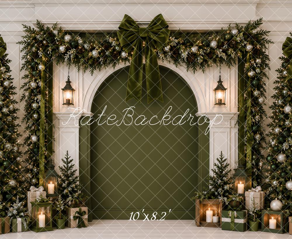 Kate Christmas Green Garland Arched Wall Bows Tree Printed Backdrop Designed by Ashley Paul