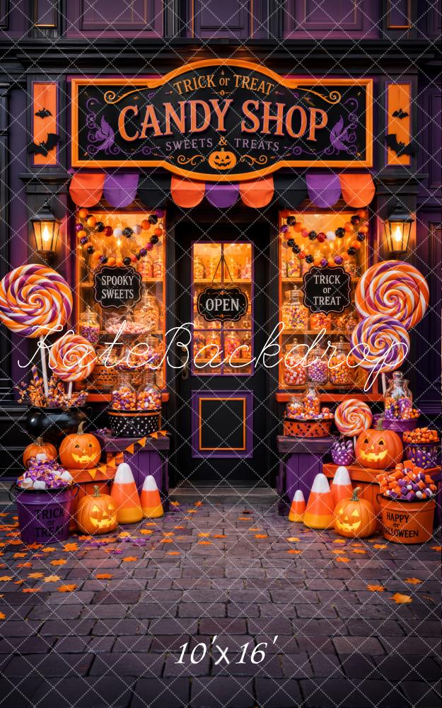 Kate Sweep Halloween Candy Shop Pumpkins Lollipops Cobblestone Printed Backdrop Designed by Megan Leigh Photography