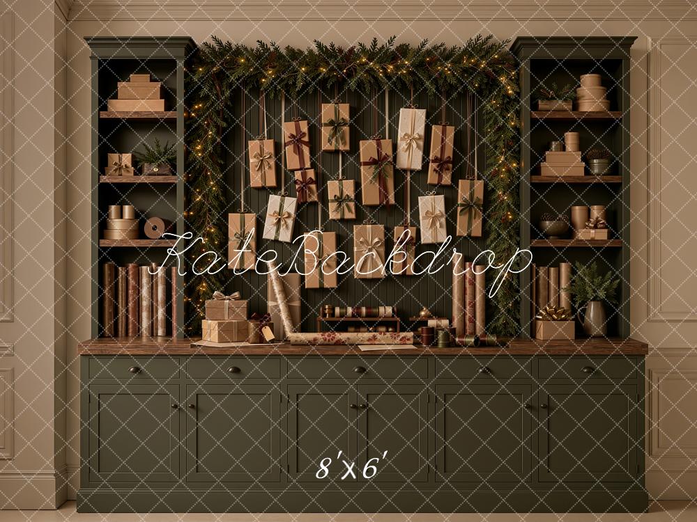 Kate Christmas Gift Garland Cabinet Green Printed Backdrop Designed by Ashley Ward