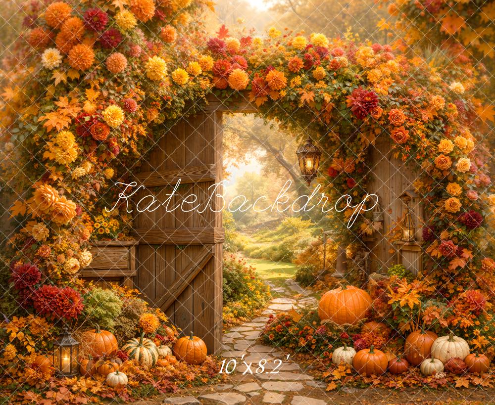 Kate Fall Flower Arch Wood Door Pumpkin Garden Printed Backdrop Designed by Emetselch