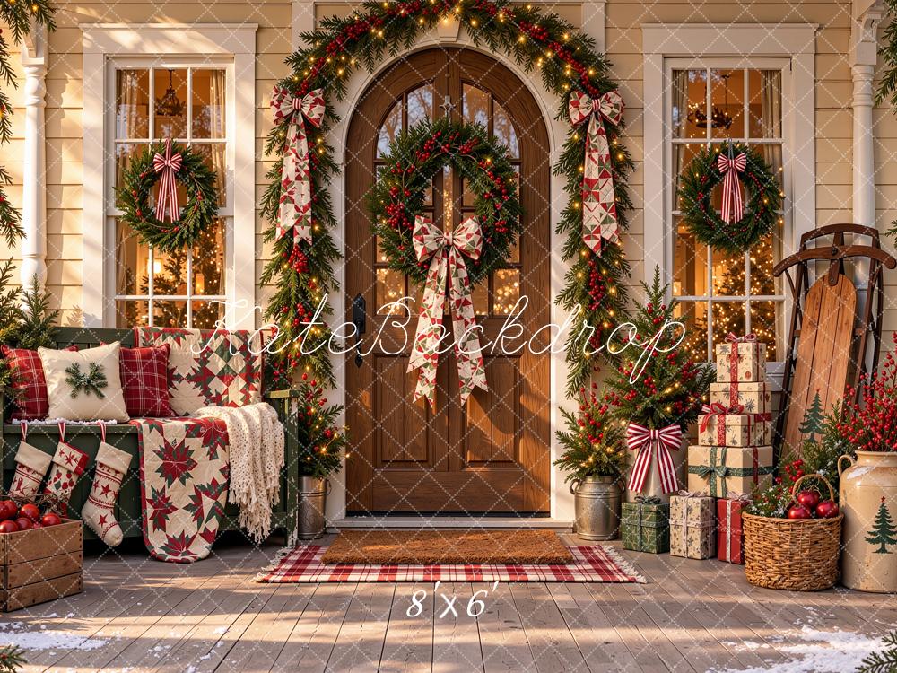 Kate Christmas Farmhouse Porch Wreath Garland Sunlight Printed Backdrop Designed by Shutter Swan Studios