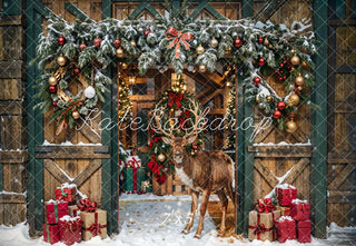 Kate Christmas Elk Brown Wooden Barn Printed Backdrop Designed by Emetselch