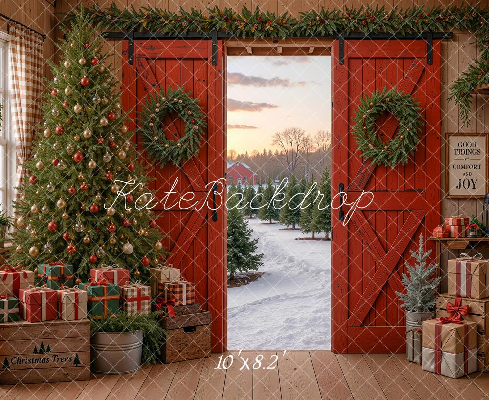 Kate Christmas Red Barn Doors Tree Wreaths Snowy Path Printed Backdrop Designed by Shutter Swan Studios