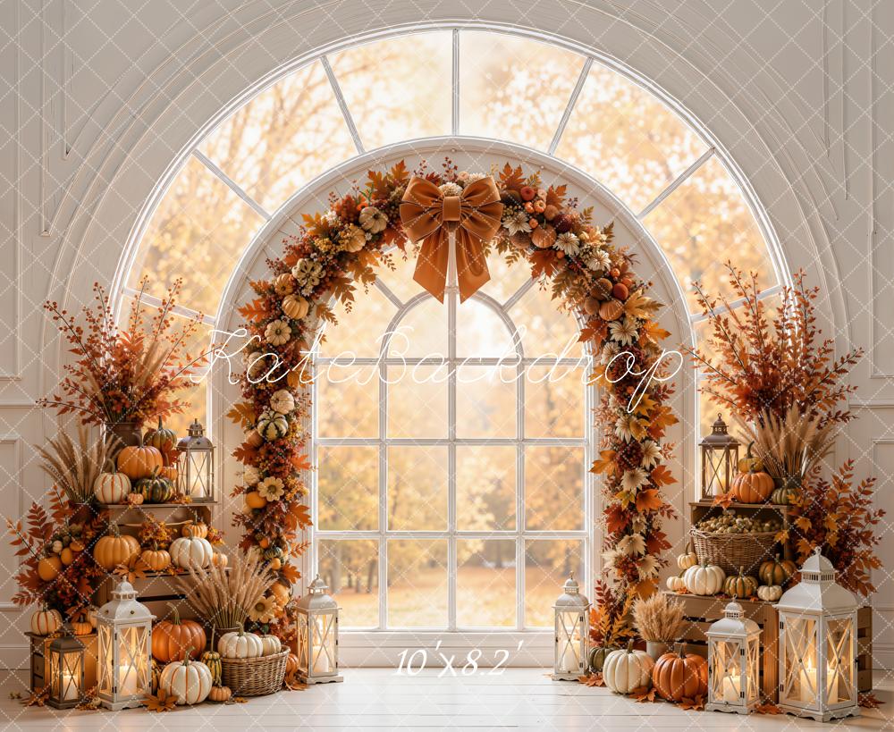 Kate Fall Pumpkin Flower Arch Window White Printed Backdrop Designed by Emetselch