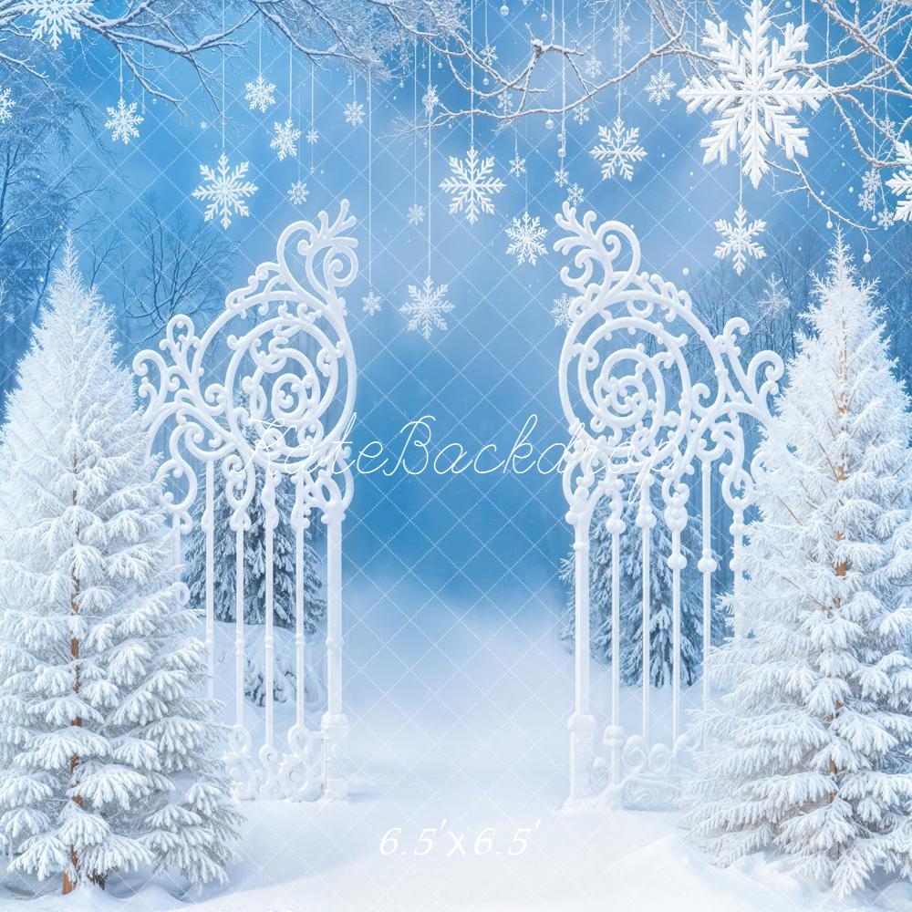 Kate Winter Snowflake White Gate Pine Trees Backdrop Designed by Emetselch