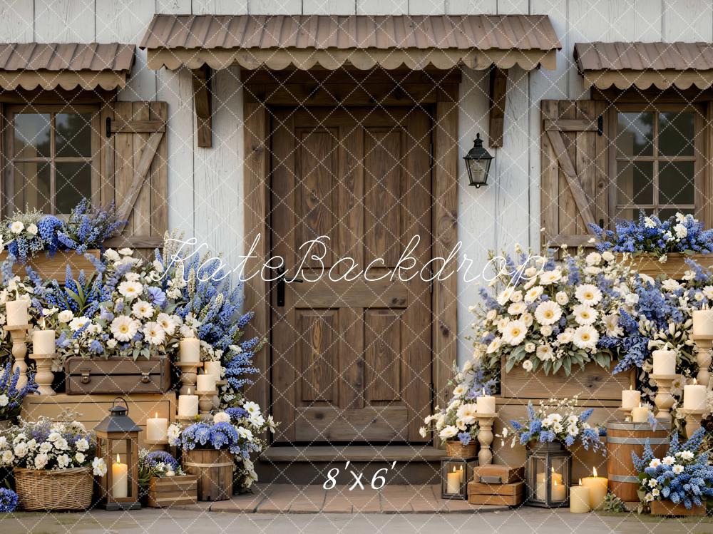 Kate Spring Rustic Porch Blue White Flowers Candles Crates Backdrop Designed by Mini MakeBelieve