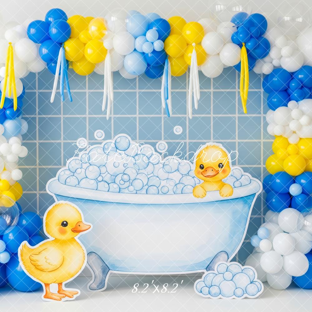 Kate Cake Smash Baby Shower Yellow Duck Bathtub Balloons Bubbles Backdrop Designed by Patty Roberts