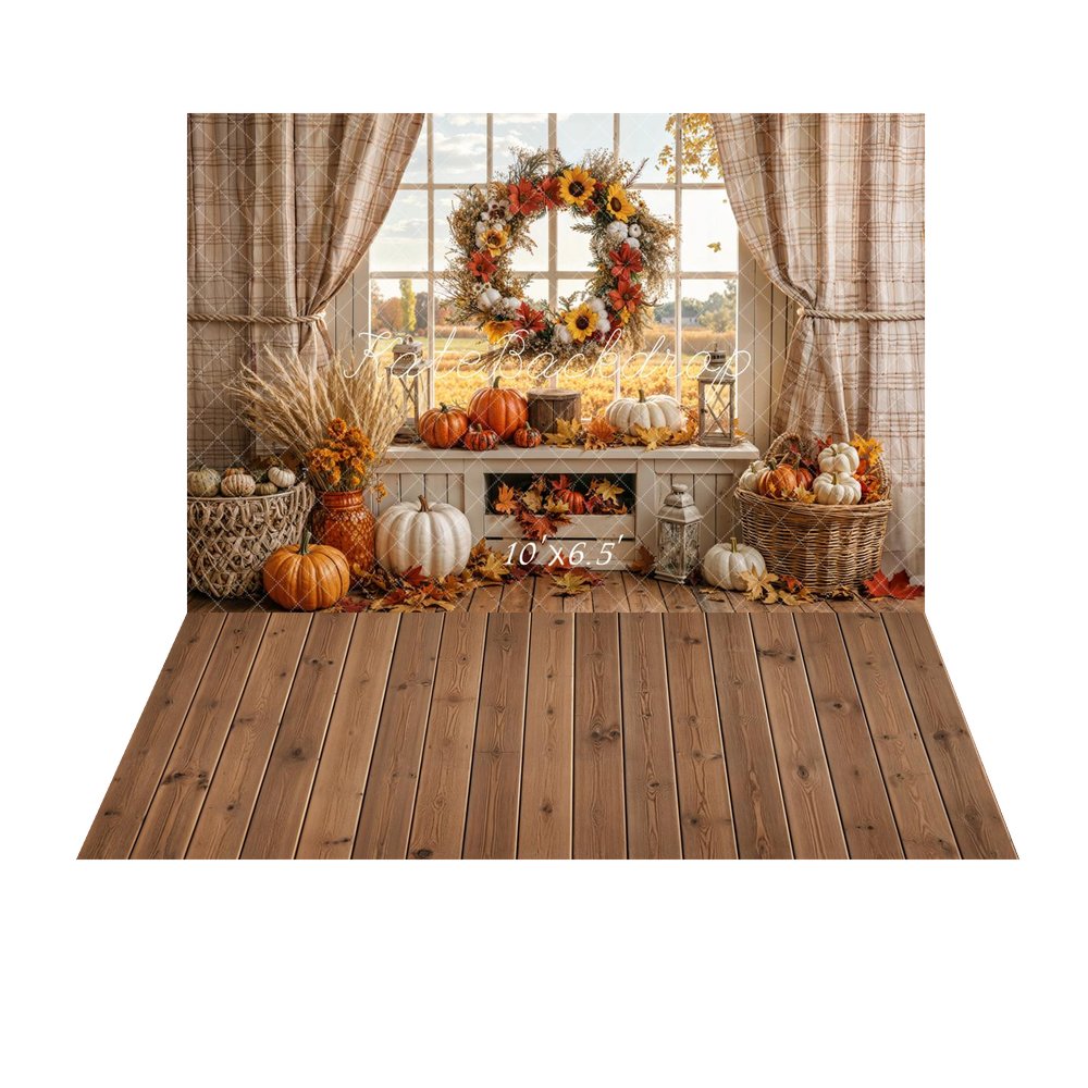 Kate Fall Rustic Pumpkin Wreath Window Printed Backdrop+Brown Wooden Plank Retro Floor Printed Backdrop