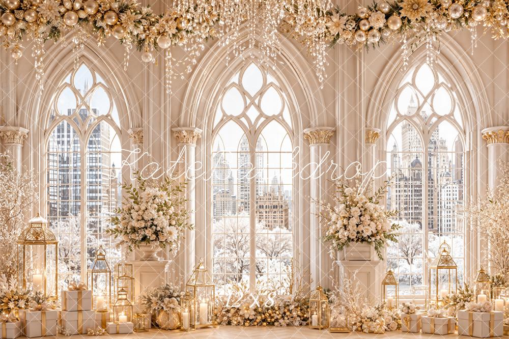 Kate Christmas Luxury White Floral Arched Windows Winter Cityscape Printed Backdrop Designed by Emetselch