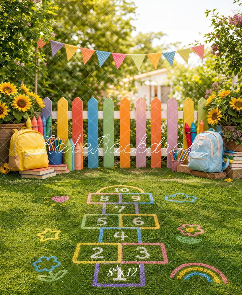 Kate Back to School Colorful Fence Hopscotch Playground Kids Printed Backdrop Designed by Emetselch