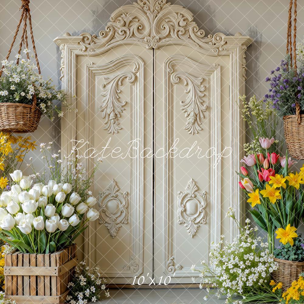 Kate Spring Flowers Retro Cream Door Hanging Baskets Backdrop Designed by Mini MakeBelieve