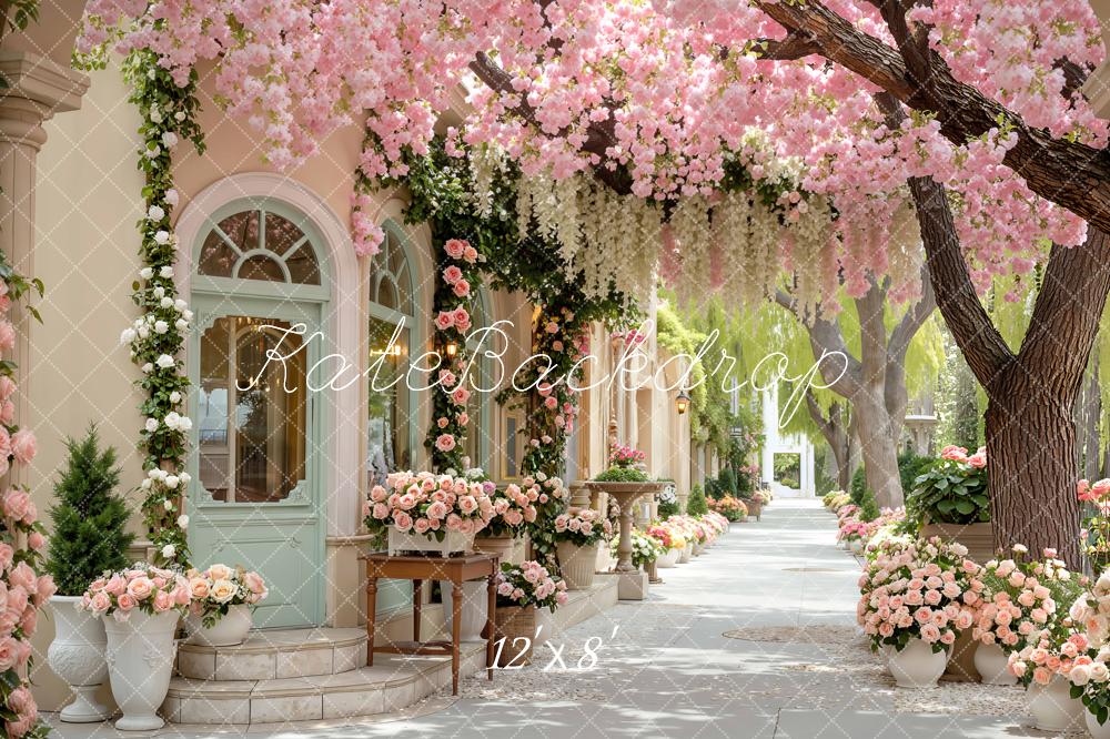 Kate Spring Pink Flower Arch Cherry Blossom Garden Printed Backdrop Designed by Mini MakeBelieve