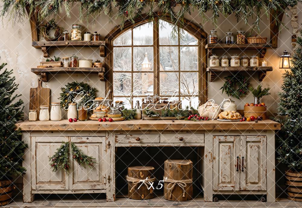 Kate Christmas Kitchen Rustic Window Garland Pine Trees Backdrop Designed by Emetselch