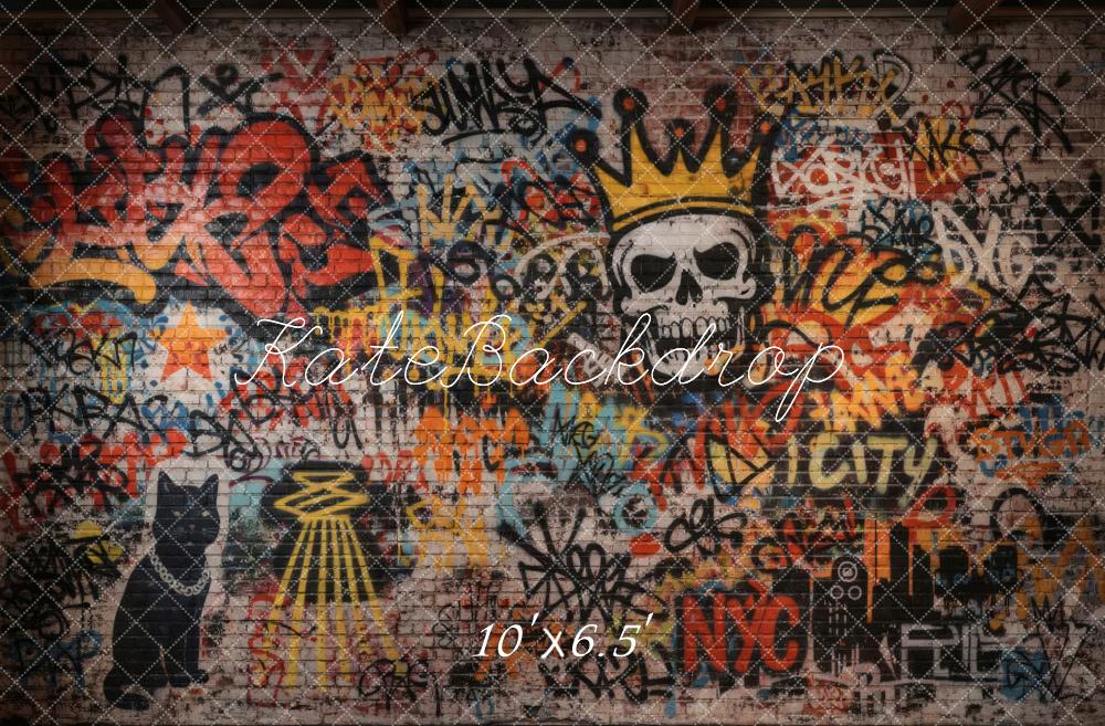 Kate Graffiti Skull Crown Cat Brick Wall Printed Backdrop Designed by Vertigo Productions
