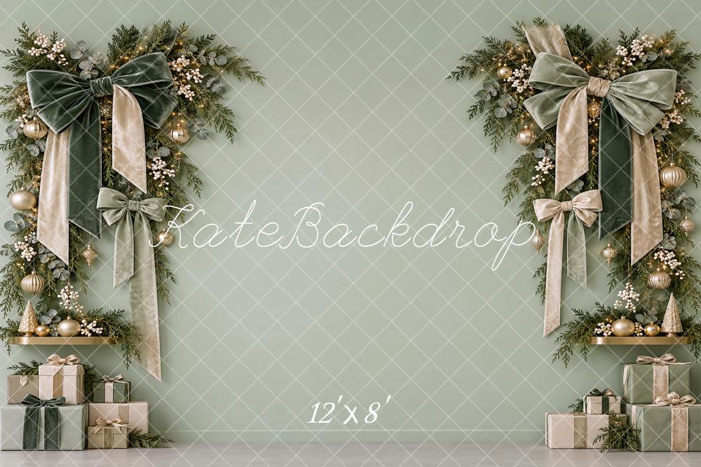 Kate Christmas Sage Green Wreath Velvet Bows Printed Backdrop Designed by Vertigo Productions