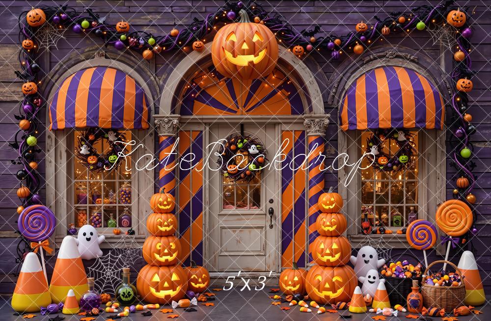 Kate Halloween Shop Pumpkins Porch Candy Trick Or Treat Printed Backdrop Designed by Emetselch