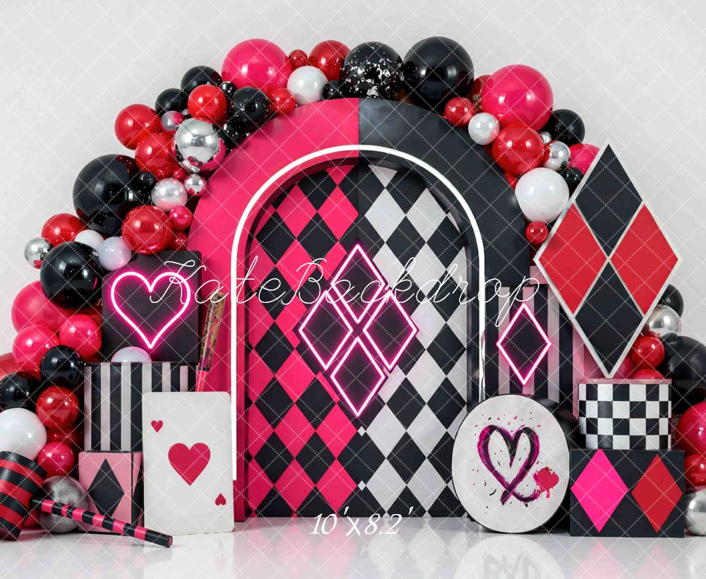 Kate Birthday Harlequin Diamonds Arch Balloons Pink Black Hearts Printed Backdrop Designed by Mini MakeBelieve