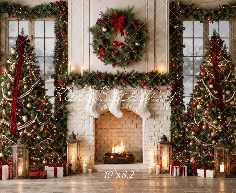 Kate Christmas Fireplace Christmas Trees Wreath Garland Pearl Red Ribbon Printed Backdrop Designed by Emetselch