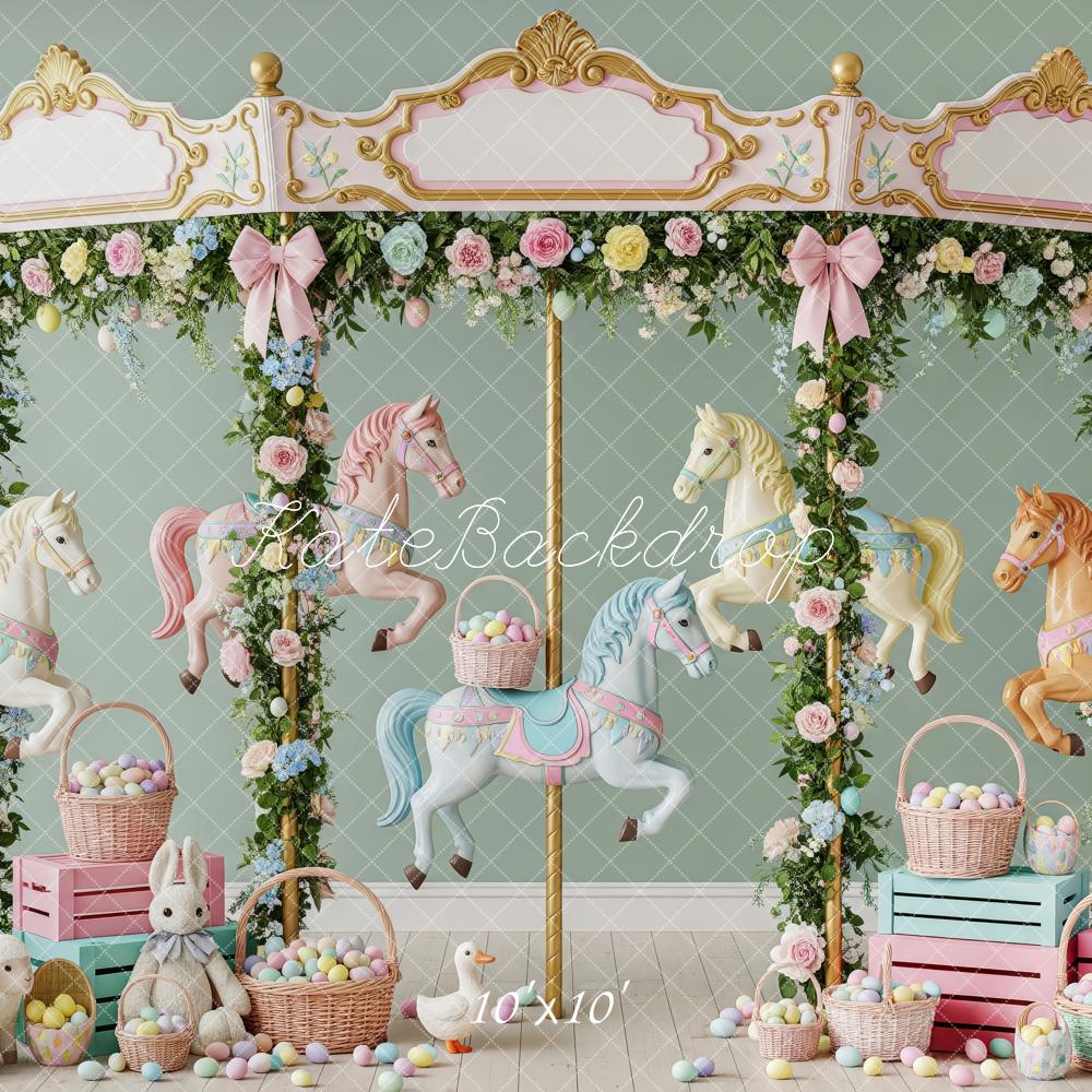 Kate Easter Carousel Bunny Pastel Eggs Floral Garland Printed Backdrop Designed by Patty Roberts
