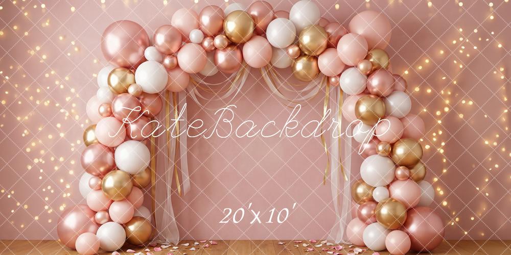 TEST Kate Birthday Balloon Arch Pink Gold White Bokeh Printed Backdrop Designed by Happy Squirrel Design