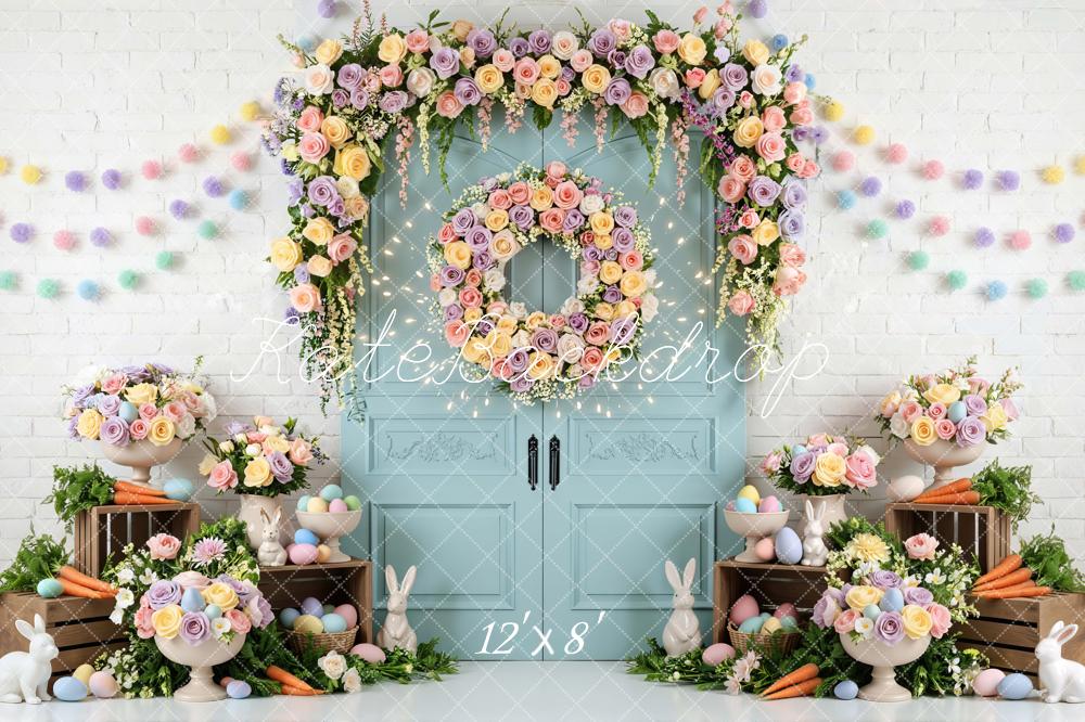 Kate Easter Bunny Flower Arch Pastel Eggs Blue Door Backdrop Designed by Mini MakeBelieve