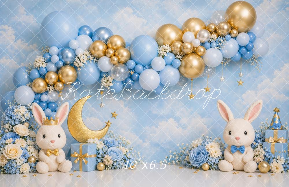 Kate Cake Smash Blue Bunny Balloon Arch Moon Stars Printed Backdrop Designed by Caitlin Lynch